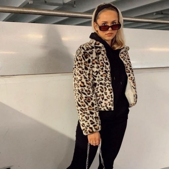 Leopard Print Animal Print Faux Fur Long Sleeve Collared Bomber Jacket - Picture 9 of 9